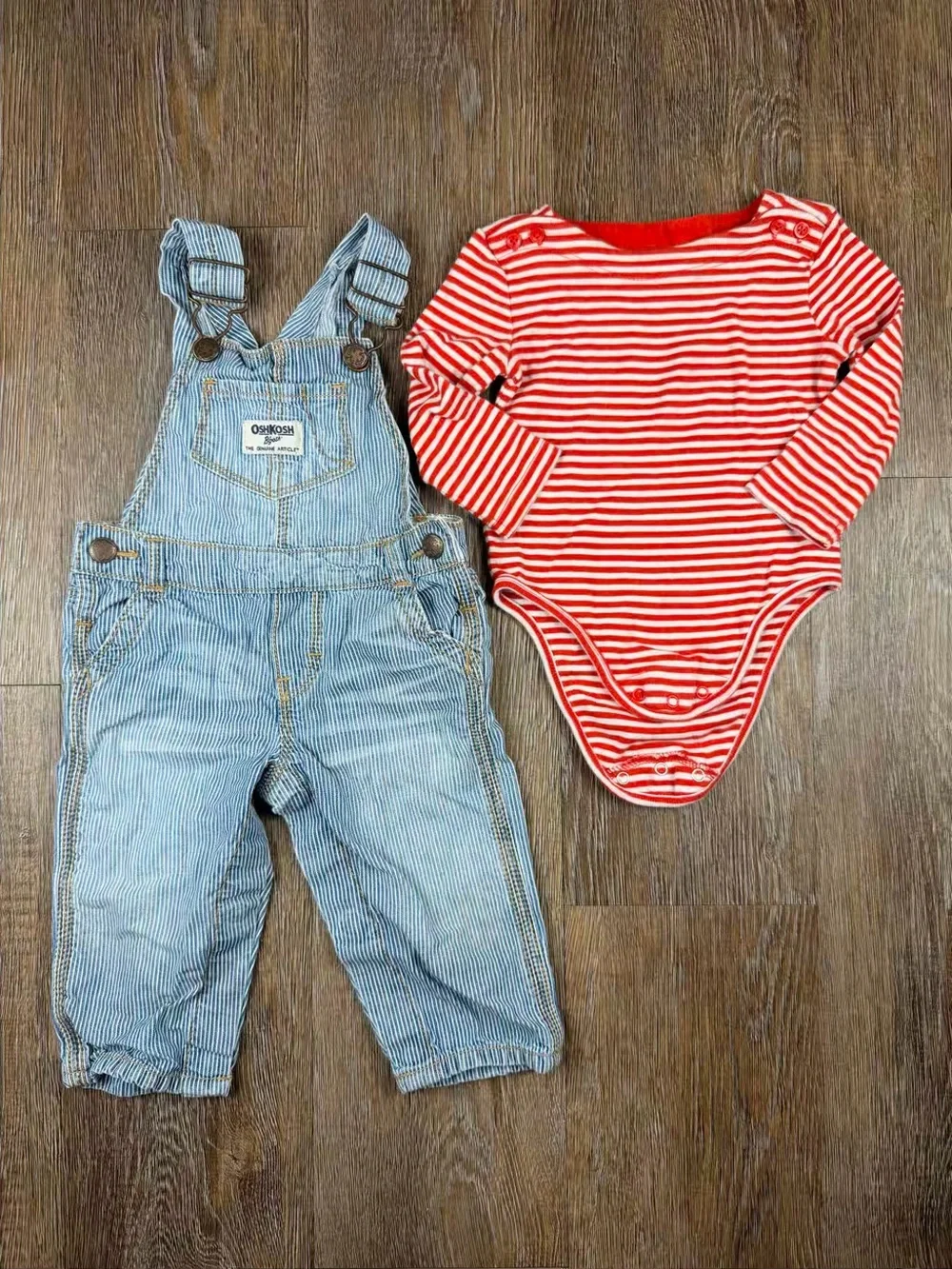 OshKosh B'gosh Hickory Stripe Overalls & Striped Shirt Set | Size: 6M